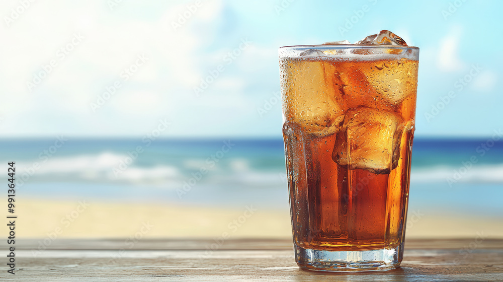 Refreshing iced beverage with condensation on glass, set against beautiful beach backdrop. scene evokes sense of relaxation and enjoyment by ocean Refreshing iced beverage with condensation on glass, set against beautiful beach backdrop. scene evokes sense of relaxation and enjoyment by ocean