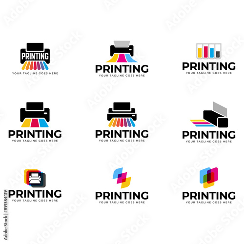 Printing company logo design with printer graphics  illustration with cyan, magenta, yellow, and black color.