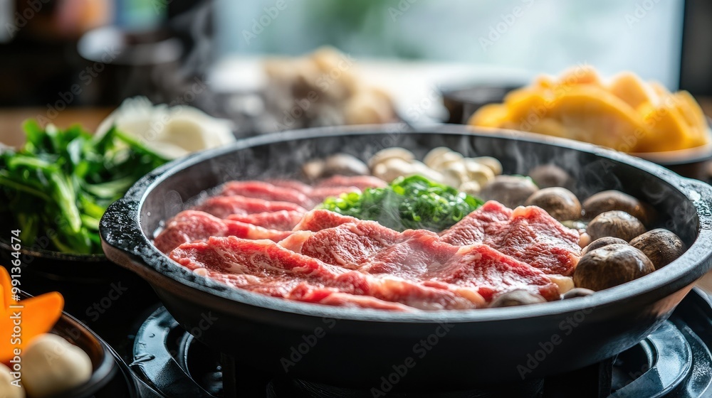 A delicious Shabu-Shabu setup with raw ingredients like beef, mushrooms, and vegetables neatly arranged around a steaming hot pot. A delicious Shabu-Shabu setup with raw ingredients like beef, mushrooms, and vegetables neatly arranged around a steaming hot pot.