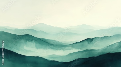 Tranquil minimalist landscape with simple fluid brushstrokes in a muted, earthy palette of greens and neutrals