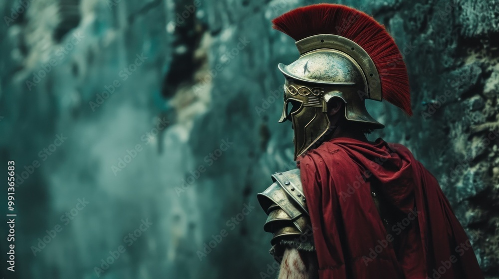 A roman soldier adorned with a striking red cape and a distinctive helmet A roman soldier adorned with a striking red cape and a distinctive helmet