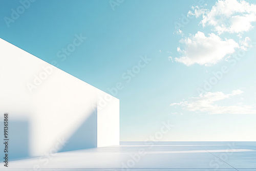 Abstract 3D rendering of minimalist style architectural space scene, mountain and lakeside building