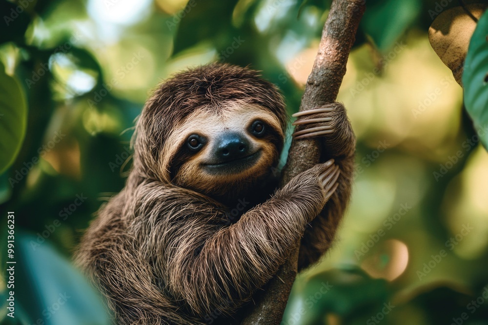 Fototapeta premium A sloth hangs leisurely from a branch, showcasing its slow-moving nature and characteristic behavior.
