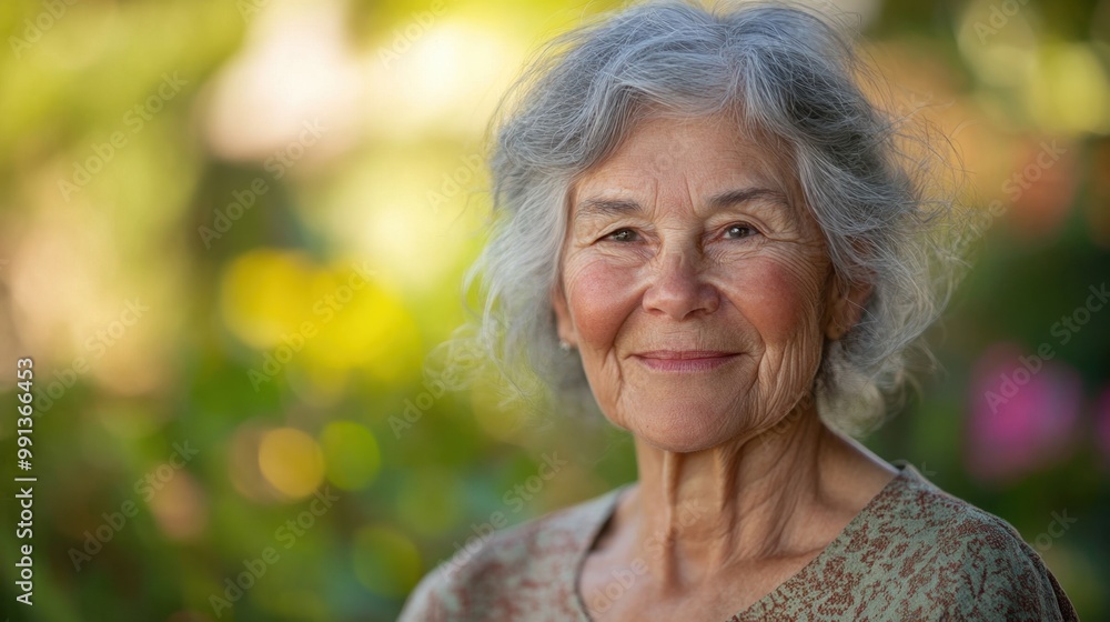 Close-up portrait of a smiling elderly woman with flowing grey hair against a soft natural backdrop emphasizing wisdom and serenity Close-up portrait of a smiling elderly woman with flowing grey hair against a soft natural backdrop emphasizing wisdom and serenity