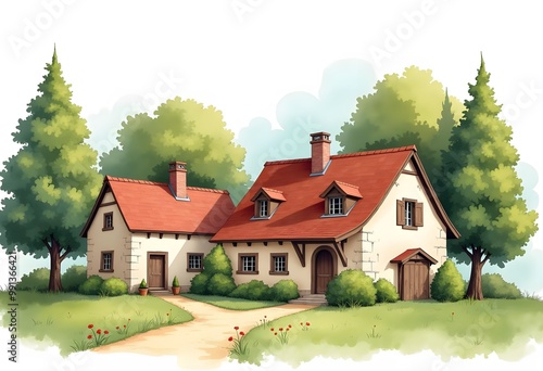 English village buildings separated in row. Watercolor old stone europe houses. Hand drawn illustration on white background 