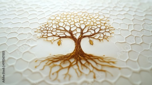 Wallpaper Mural Ink-drawn tree of life, honeycomb pattern backdrop, golden accents, centered on white paper, under natural lighting, evoking simplicity and elegance in its minimalistic form. Torontodigital.ca