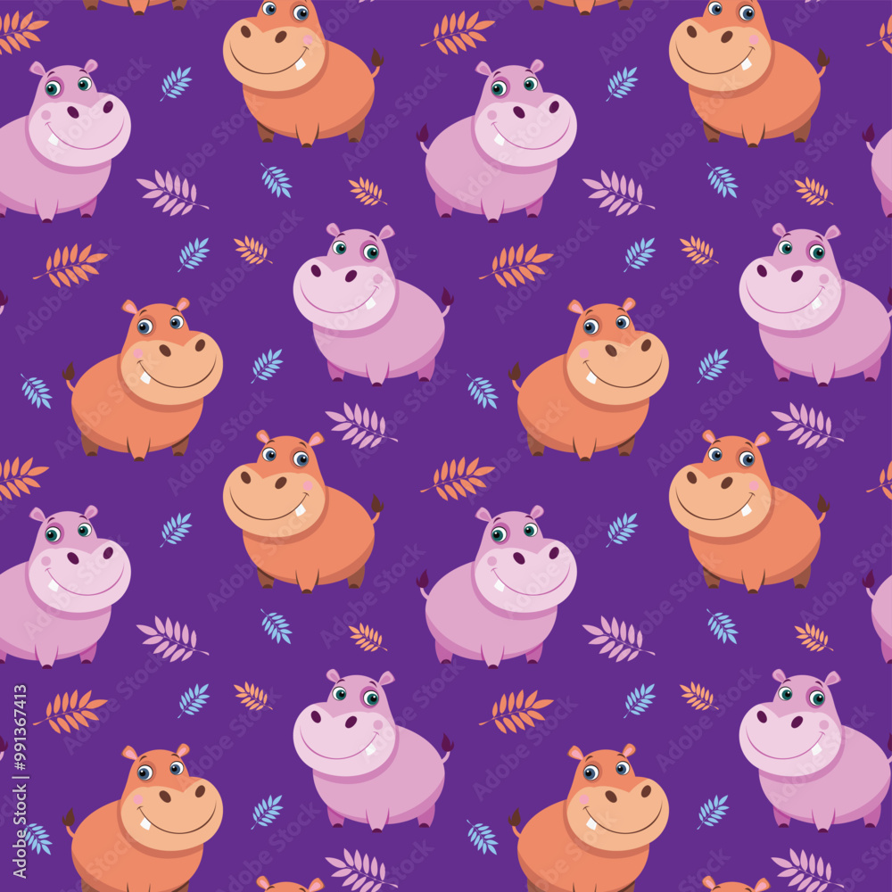 Vector seamless pattern with cute hippos and leaves. Cute hippopotamus isolated on purple background. Happy hippos pattern, animal print perfect for kids textile.
