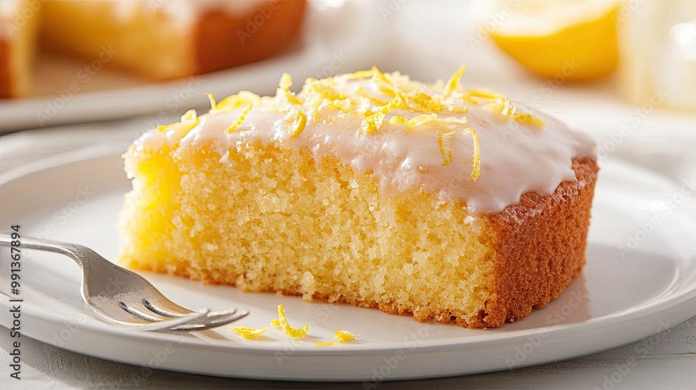 A delightful lemon cake with a zesty glaze and lemon zest on top, displayed on a white ceramic plate with a fork A delightful lemon cake with a zesty glaze and lemon zest on top, displayed on a white ceramic plate with a fork