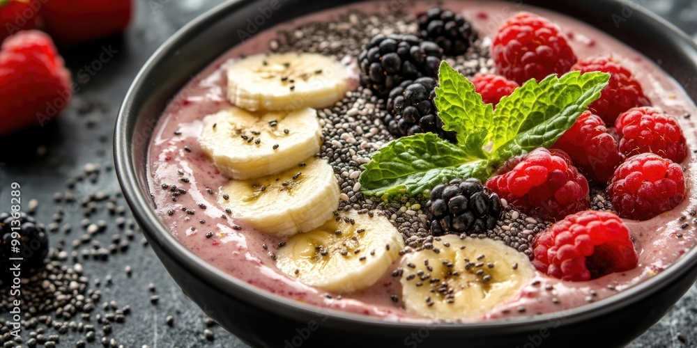 A refreshing and healthy fruit smoothie garnished with a mint leaf, featuring banana, raspberry, and other delicious fruits. A refreshing and healthy fruit smoothie garnished with a mint leaf, featuring banana, raspberry, and other delicious fruits.