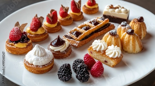 A delightful spread of assorted dessert pastries, including clairs, tarts, and cream puffs, arranged on a clean white plate. photo