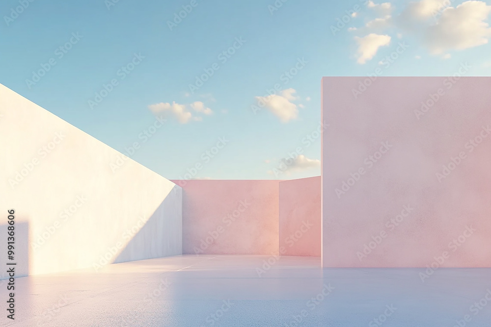 Abstract 3D rendering of minimalist style architectural space scene, mountain and lakeside building Abstract 3D rendering of minimalist style architectural space scene, mountain and lakeside building