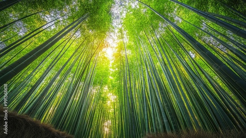 A panoramic view of a dense bamboo forest, with the stalks packed closely together and the leafy canopy filtering the sunlight overhead.