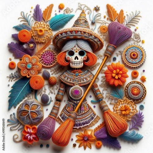 Vibrant decorative skeleton figure surrounded by colorful flowers and intricate designs. photo