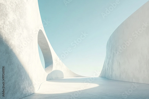 Abstract 3D rendering of minimalist style architectural space scene, mountain and lakeside building