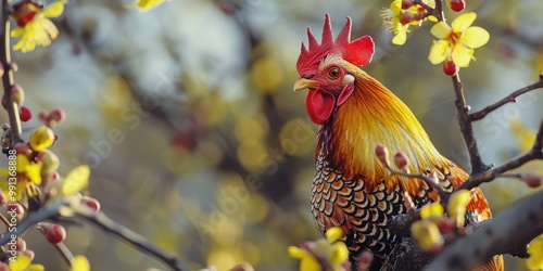 A rooster perched in a tree filled with spring blossoms. photo