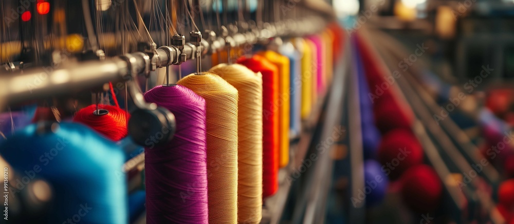 Modern textile production line with sun shining through,advanced industrial technology,copy space. Modern textile production line with sun shining through,advanced industrial technology,copy space.