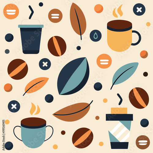 Seamless Pattern on the theme of hot coffee, coffee cups coffee beans. 
