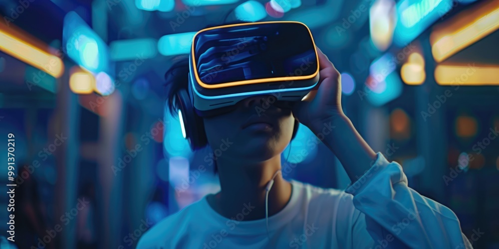 Man wearing VR headset and holding controller, ready to immerse in virtual world. Man wearing VR headset and holding controller, ready to immerse in virtual world.