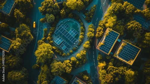 Aerial view of a green urban area with solar panels and lush trees. photo