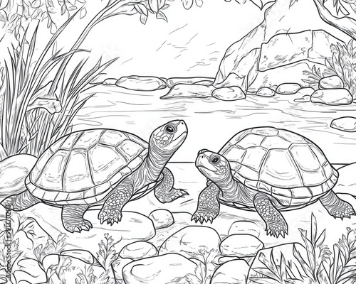 Children s coloring book page featuring a couple of turtles in a natural setting photo