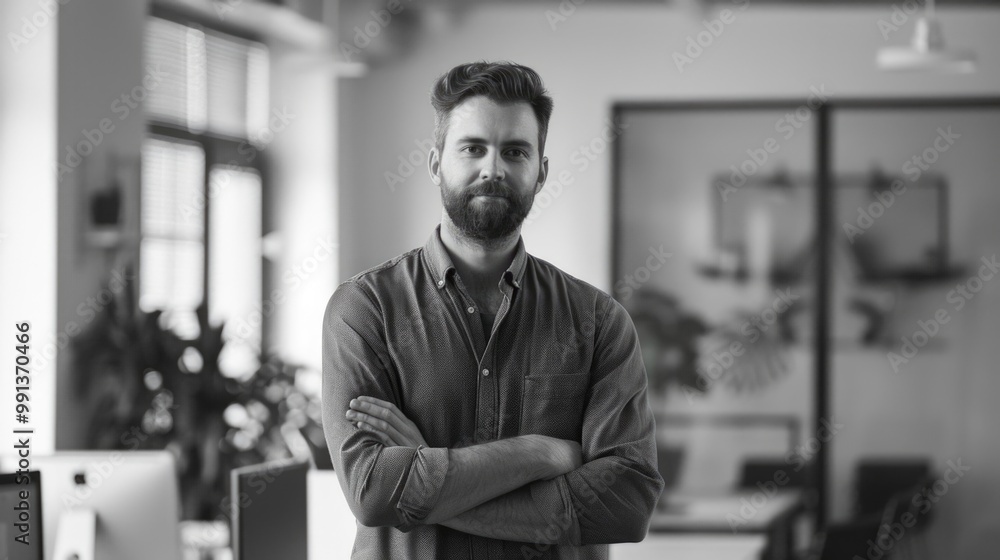 Fototapeta premium Young man with beard wearing casual shirt in professional office environment.