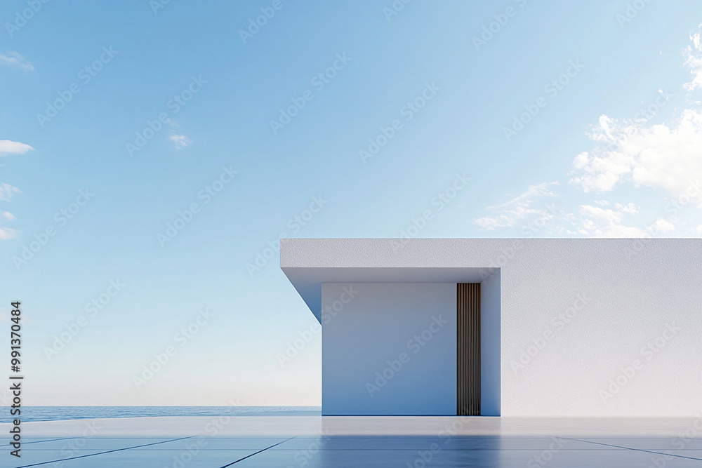 Abstract 3D rendering of minimalist style architectural space scene, mountain and lakeside building Abstract 3D rendering of minimalist style architectural space scene, mountain and lakeside building