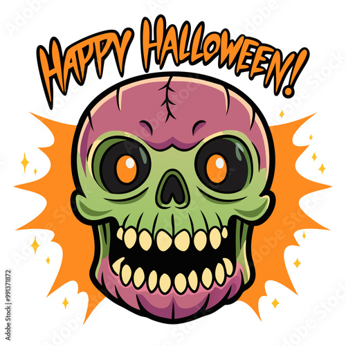 Happy Halloween Skull: A cartoon illustration of a grinning skull with glowing eyes, surrounded by bright orange and yellow bursts, and set against a white background.