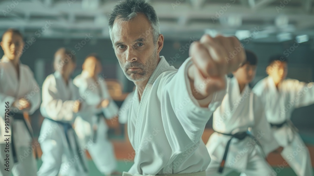 A man in a martial arts uniform teaching and guiding the technique to students. They are all in Karate or Judo gear, practicing their form in a dojo. A man in a martial arts uniform teaching and guiding the technique to students. They are all in Karate or Judo gear, practicing their form in a dojo.