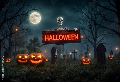 Scheletro con Cartello di Halloween Circondato da Jack-o'-Lantern su Sfondo Notturno Spettrale