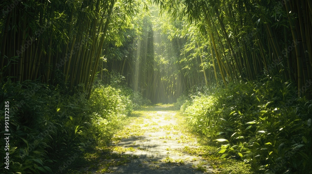 Fototapeta premium A pathway through a dense bamboo forest, with sunlight streaming in from above, casting soft shadows on the ground and illuminating the leaves.