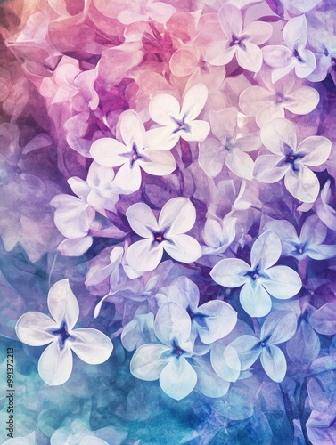 Watercolor floral background featuring delicate white lilac and violet phlox with vibrant colors and a textured blurred appearance ideal for nature themed decoration and design