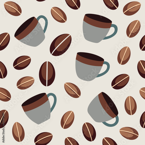 Seamless Pattern on the theme of hot coffee, coffee cups coffee beans. 
