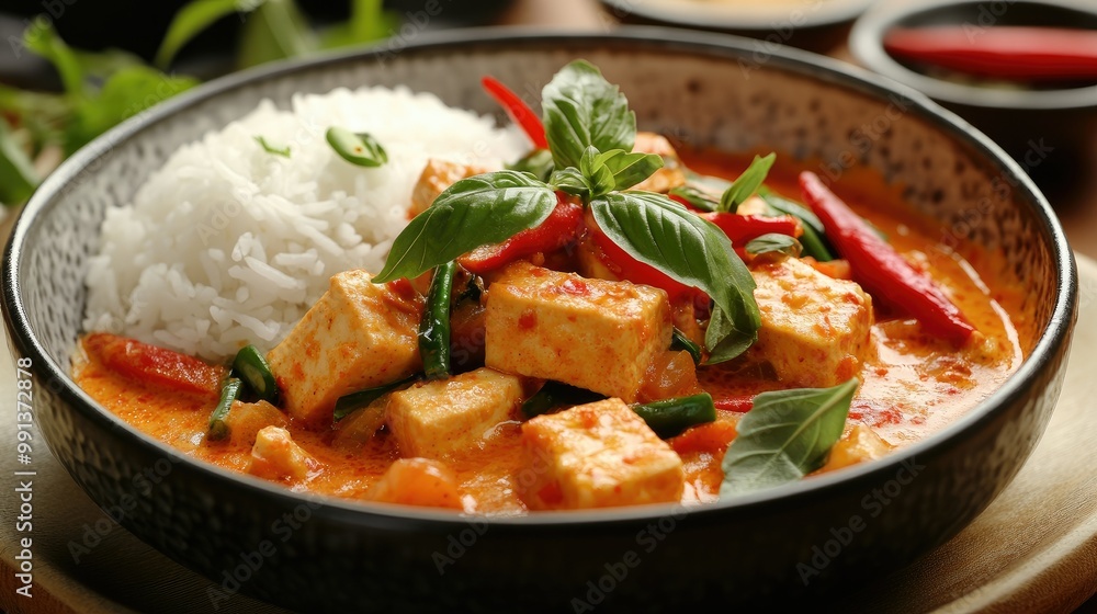 A flavorful Thai meal featuring spicy red curry with tofu, served with a side of steamed jasmine rice and garnished with fresh herbs. A flavorful Thai meal featuring spicy red curry with tofu, served with a side of steamed jasmine rice and garnished with fresh herbs.