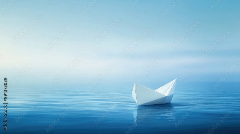 Obraz premium A single paper boat floating on calm blue ocean waters surrounded by light mist drifting into the unknown horizon