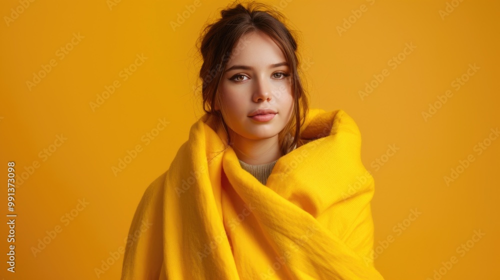 Scarf around neck, yellow background. Scarf around neck, yellow background.