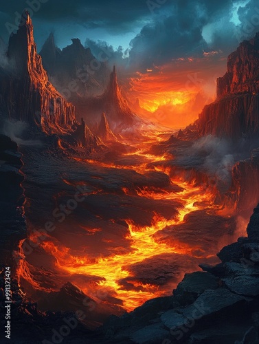 Fantasy game background featuring a volcano with flowing lava rock formations and a dangerous terrain illuminated by molten magma creating a mysterious and adventurous atmosphere