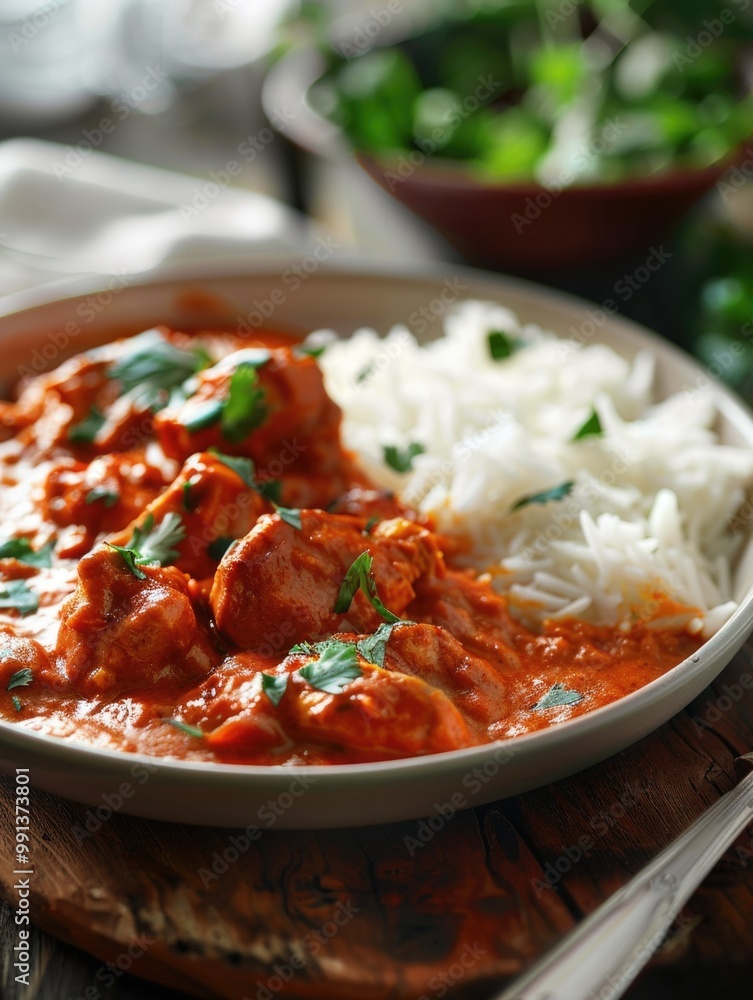 Tasty Indian Butter Chicken served with white rice, seasoned with traditional spices and herbs. A hearty meal of chicken pieces in a medium-spiced curry sauce. Tasty Indian Butter Chicken served with white rice, seasoned with traditional spices and herbs. A hearty meal of chicken pieces in a medium-spiced curry sauce.