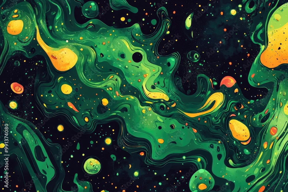 Vibrant and captivating 2D cartoon texture featuring a whimsical space illustration Includes a magical splash effect with colorful random spots in a green psychedelic design Vibrant and captivating 2D cartoon texture featuring a whimsical space illustration Includes a magical splash effect with colorful random spots in a green psychedelic design