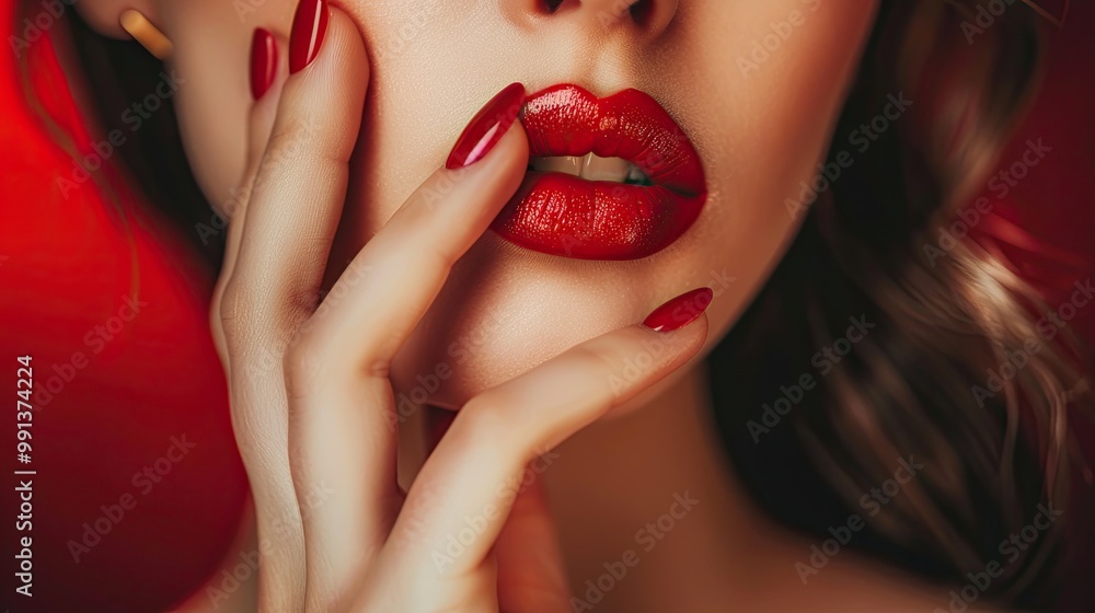 Close up of sexy lady touching her red make up lips with her fashion red nails manicure, concept of cosmetic product show Close up of sexy lady touching her red make up lips with her fashion red nails manicure, concept of cosmetic product show