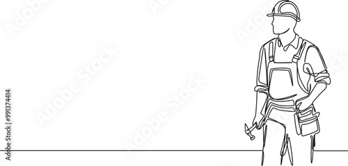 continuous single line drawing of construction worker with hard hat, line art vector illustration