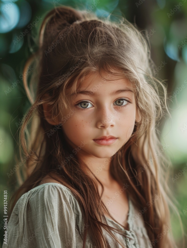 A young girl with long hair, looking to the side with a pensive expression. Soft focus and blurred background suggest an outdoor setting during daylight. A young girl with long hair, looking to the side with a pensive expression. Soft focus and blurred background suggest an outdoor setting during daylight.
