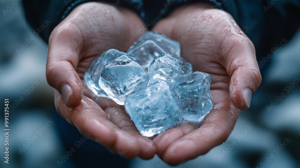 Hands holding clear ice cubes, showcasing texture and clarity against a natural backdrop. Hands holding clear ice cubes, showcasing texture and clarity against a natural backdrop.