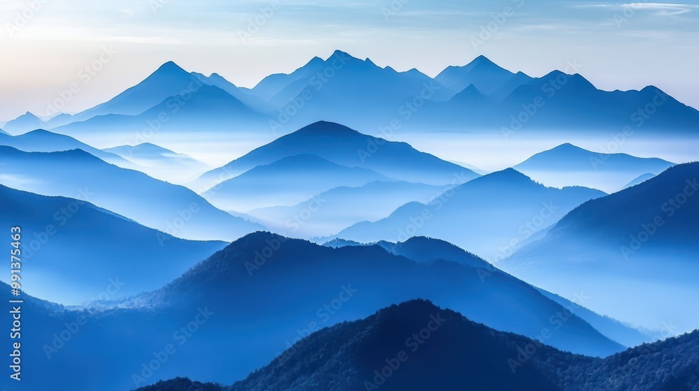 Fototapeta premium Blue Mountain Range Under a Misty Sky