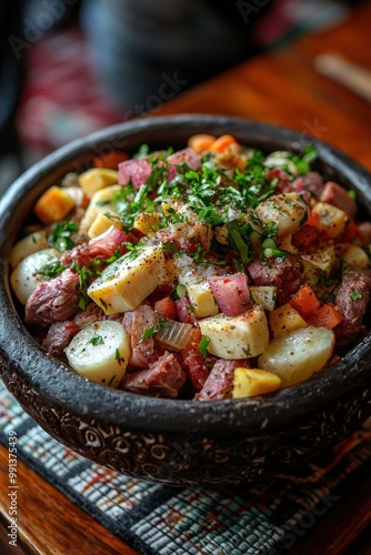 Chiri Uchu - A traditional Andean dish with a variety of meats, cheeses, and vegetables, served cold. photo