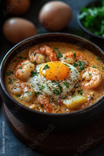 Chupe de Camarones - A rich shrimp chowder with potatoes, milk, eggs, cheese, and aji amarillo. photo