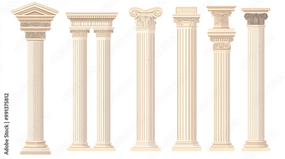 Fototapeta premium Ancient Greek and Roman architectural columns, isolated vector illustrations. Antique classic pillars, Greek pillars, historic podiums.