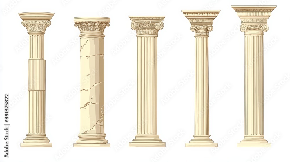 Fototapeta premium Ancient Greek and Roman architectural columns, isolated vector illustrations. Antique classic pillars, Greek pillars, historic podiums.