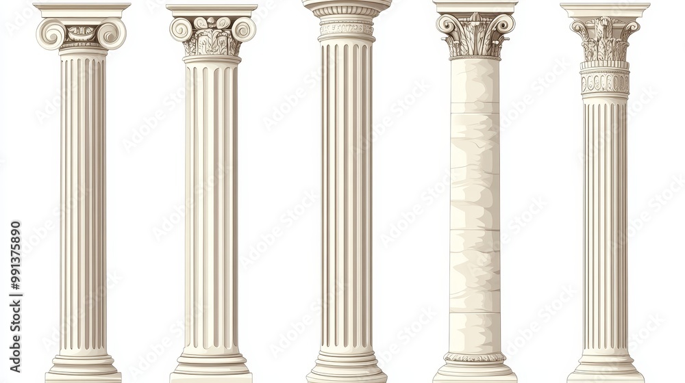 Fototapeta premium Ancient Greek and Roman architectural columns, isolated vector illustrations. Antique classic pillars, Greek pillars, historic podiums.