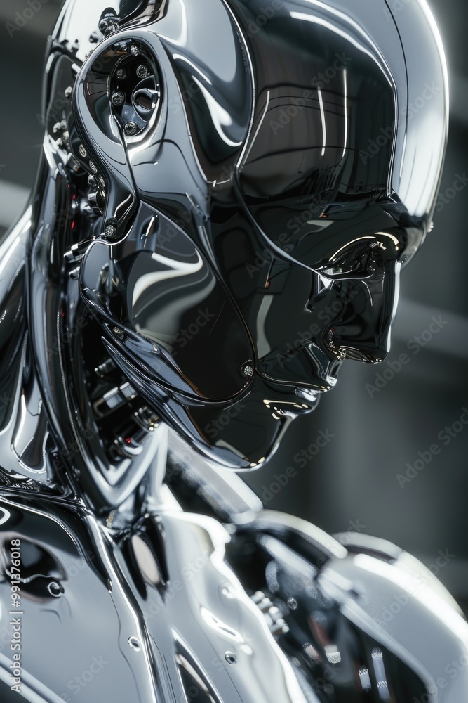 Highly advanced silver robot with human-like features. Highly advanced silver robot with human-like features.