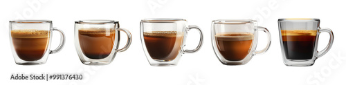 Coffee in glass mug set isolated on transparent or white background 